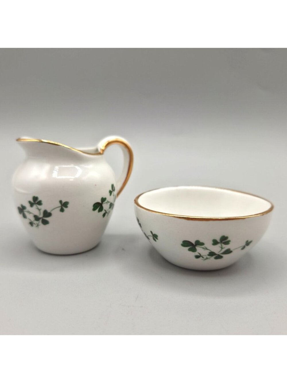 Carrigaline Pottery Shamrock Mini Creamer Sugar Set Gold Trim Cork Ireland 1960s